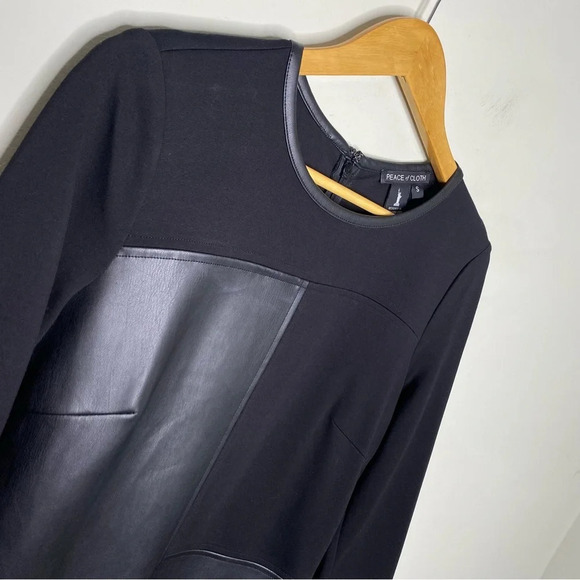 Peace of Cloth NY Black Faux Leather Michaela Patchwork Knit Dress Size Small - Picture 4 of 12